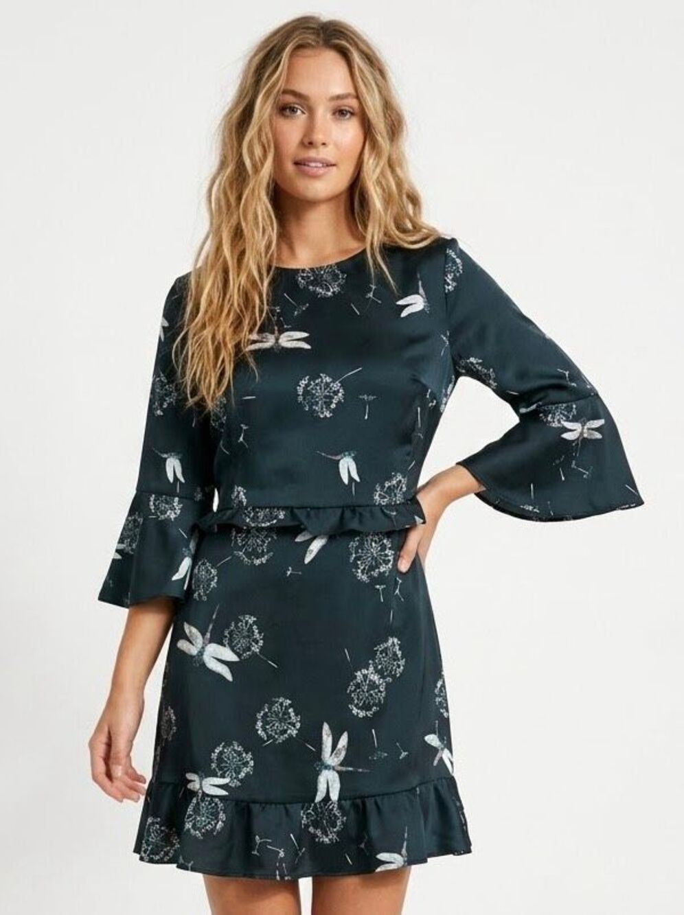Zara Whimsigoth Black Dragonfly Dandelion Ruffle Peplum Satin Mini Dress Medium